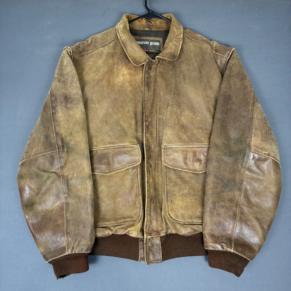 Vintage Adventure Bound Brown Leather Bomber Jacket Men's Size XL